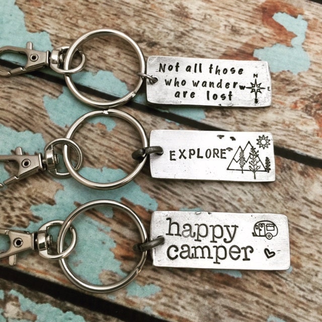 Happy Camper Key Chain, Explore Key Chain, Not All Those Who Wander Are Lost Key Chain, Pewter Keychains, Key Fob, Stocking Stuffers