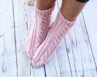 Hand knit socks cable knit socks bed socks dusty pink neutral color cottage chic womens socks gift for her handmade Mothers Day warm socks