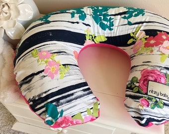 Pink and Navy Floral Nursing Pillow Cover, Pink Floral Boppy Cover, Navy Boppy Cover, Baby Girl Nursing Pillow Cover, Hot Pink Boppy Cover
