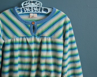 Vintage 1980s Girl's Blue and Green Striped Velour Shirt - Size 5 or 6