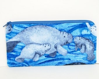 Manatee Pencil Pouch, Zippered Bag in Ocean Blue