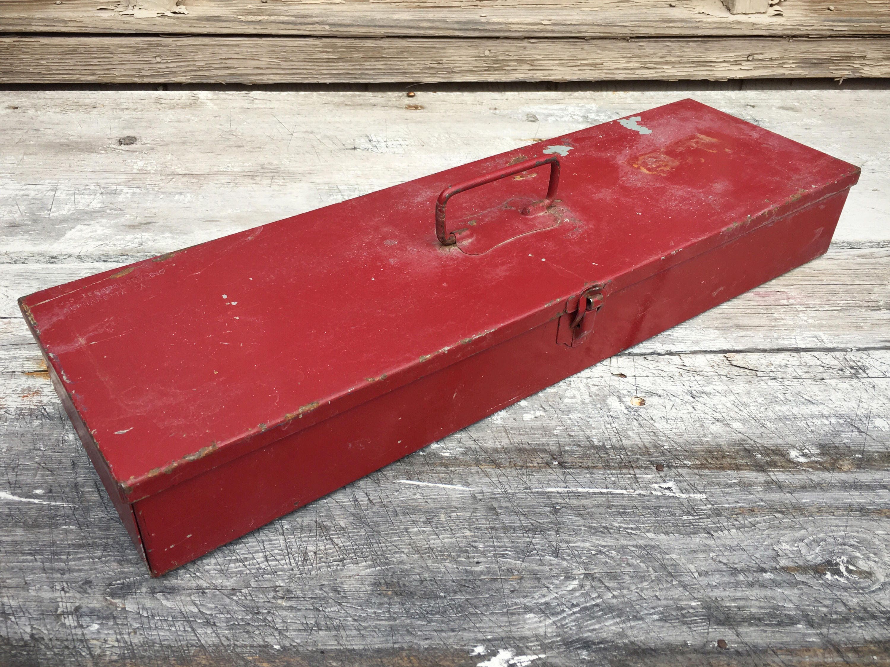 Vintage flat metal tool box red chippy paint with divider for art ...