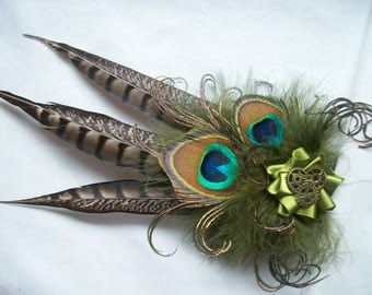 Olive Green and Brown Steampunk Fascinator- Rustic Pheasant and Peacock Feather with Cogs Wedding Ascot Derby Fascinator - Made to Order