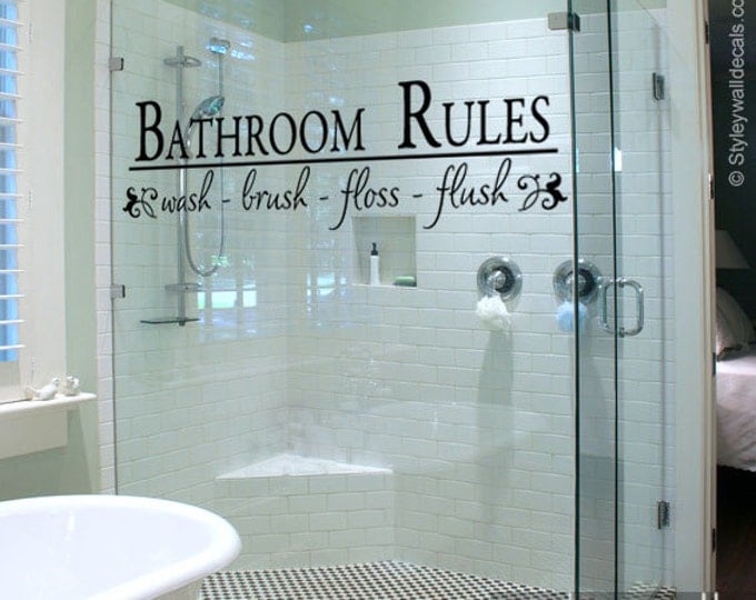 Bathroom Rules Wall Decal, Bathroom Vinyl Lettering Wash Brush Flush, Bathroom Wall Quote Wall Decal, Vinyl Lettering for Bathroom Decor