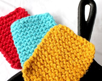 Three kitchen scrubbies yarn and tulle red aqua and blue