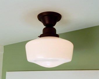 Schoolhouse Light. Salvaged Opal Shade. New Provincial Bronze Fixture Base.