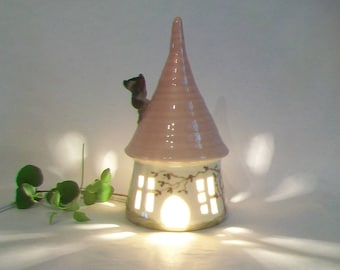 Garden Fairy House/ Night Light - with a Pink Roof and a Chimney - Hand Made on Pottery Wheel - Hand Painted Vine - Ready to Ship