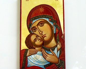 Madonna with Christ child - orthodox style handpainted icon of Virgin Mary and Baby Jesus - 13.5 x 7.5 inches