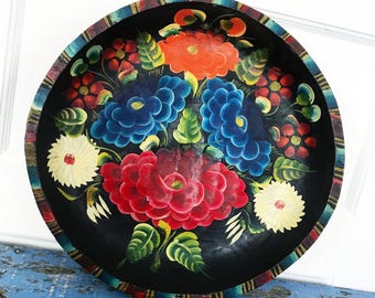 Large Vintage Mexican Batea Painted Wood Bowl Platter Tray Bright Flowers