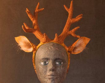 Golden Deer Headband with Antlers and Ears