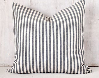 French Farmhouse Throw Pillow Cover - Denim Blue Striped Pillow Cover - Vintage Farmhouse Pillow - Navy Blue and Cream Striped Throw Pillow