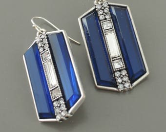 Art Deco Earrings - Vintage Inspired Earrings - Platinum Silver Earrings - Sapphire Blue Earrings - Crystal Earrings - Bridal Earrings