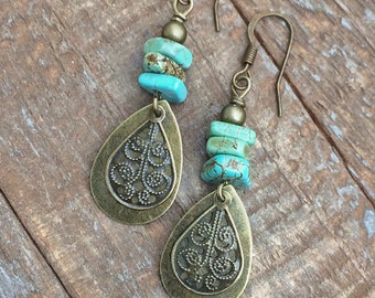 Boho Jewelry, Boho Dangle Earrings with Green Turquoise