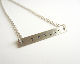 Resist Necklace Silver Bar Necklace Womens Rights Human Rights Civil Rights Gift for Her