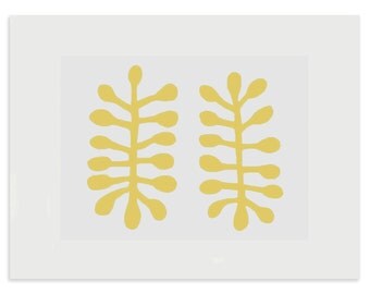 Fine art print, Matisse inspired, original abstract screenprint. Yellow, leaf motif. Gift idea art print by Emma Lawrenson
