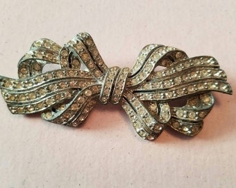 Vintage Pave Clear Rhinestone Large Bow Brooch Silver Tone Metal
