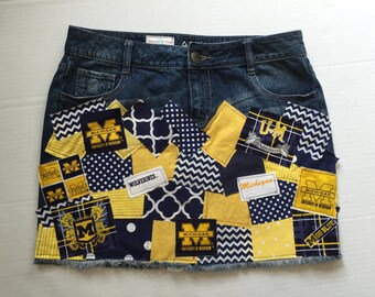 University of Michigan Ladies Women Deco Patch Ladies Custom Denim Skirt sz 0 2 3 4 5 6 7 8 10 12 14 16 18 20 22 24