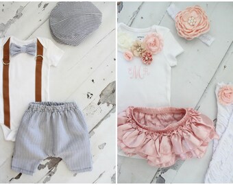 Twins Baby Boy & Baby Girl 1st Birthday Outfits. Boy Seersucker Bow Tie w Suspenders and Hat, Girl Rose Gold Monogrammed Bodysuit Summer Set