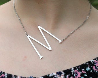 Large Initial Necklace, Silver Sideways Intial Necklace,Silver Initial Necklace ,Custom Silver Letter Necklace,Alphabet Necklace