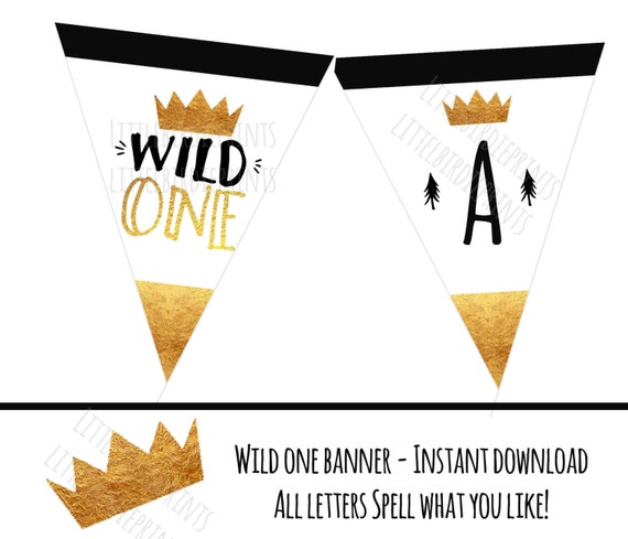 WILD ONE Banner Wild one Printable Banner Gold crown and black