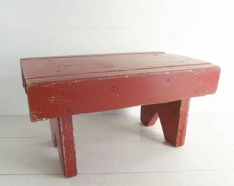 Vintage Primitive Chunky Wooden Bench, Old Red Painted Cricket Stool, Farmhouse Decor, Footstool