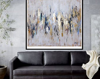 painting on canvas, Abstract painting,Original Painting,Acrylic Painting,gold leaf,glod paiting, dark blue,Ivory,large painting