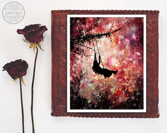mixed media painting, silhouette illustration, giclee print, fine art print, girl on swing, girls room decor, pink wall art