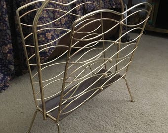 Mid-century brass magazine holder vintage record rack, 60s retro decor, metal storage rack, 1960s home decor, midcentury modern decor brass
