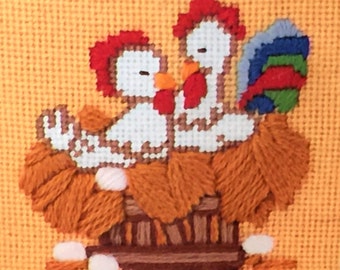 Rooster Chicken Needlepoint Kit Poultry Pair NeedlePointers vintage Country Kitchen Farm Sunset stitchery craft picture diy Kooler