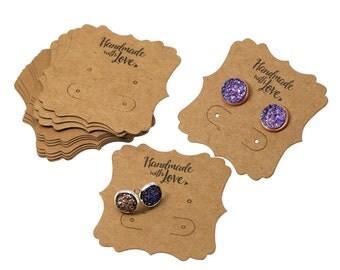Earrings Cards, Display Card, Craft Chipboard Earring Packaging for Handmade Jewelry Sellers, Handmade with Love Display Card 60x60mm