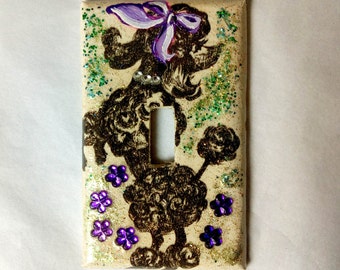 Upcycled Vintage Wallpaper Switch Plate Black Poodle Purple Bow Switchplate (017)