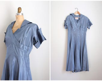 vintage 1950s blue taffeta dress - slate blue taffeta dress / 50s costume - 1950s costume dress / swishy taffeta dress - blue dress