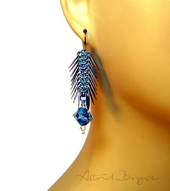 Dragon Jewels in Blue - Chain Malle Earrings -Cosplay-LARP-Ren Faire-Wedding-rainbow niobium earwires-Gift for Her-lampwork and scale maille