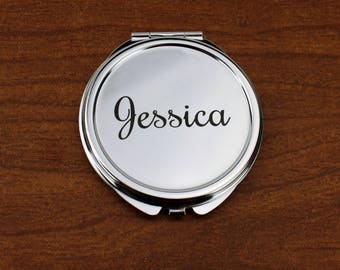 1 Personalized Compact Mirror, Custom Engraving Bridesmaid Gift Wedding Favor Bridal Shower Birthday Valentine's Day Anniversary Silver