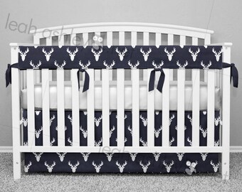 Crib Bedding Set - Crib Skirt and Teething Crib Rail Cover - Navy Woodland Deer Buck Heads - Choose Your Tie Color - CB0