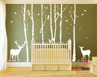 Removable Nursery Birch Tree Forest with Birds and Deer fawn doe buck and squirrels (6 trees) DC01286