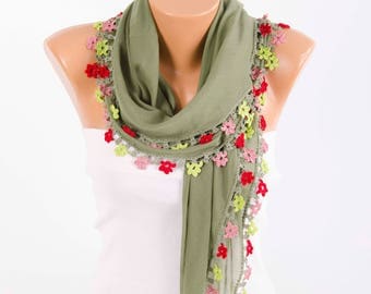 Turkish oya scarf , turkish yemeni , summer scarf with hand crocheted lace circles and tassel ,moss green