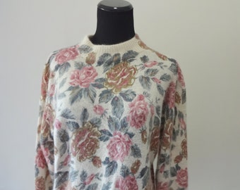 Vintage SML Sport Rose Pattern Silk & Angora Blend Sweater 1980s