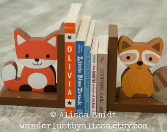 Fox and Raccoon Wood Bookends - Custom Created to Coordinate with Your Decor or Nursery Letters (Echo bookends, woodland animals, brown)