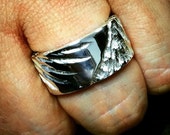 Mens Hand Made 925 Sterling Silver Chunky Fallen Angel Ring with a Carved Angel Wing on the Band