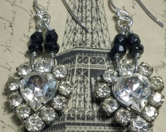 SPARKLING HEARTS rhinestone vintage assemblage earrings so antique