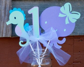 Under the Sea Purple and Teal Birthday Centerpiece, Under the Sea Banner, Under the Sea Baby Shower