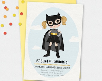 Batgirl Invitation, birthday invitation, kids invitation, Custom invitation, party invitation, superhero invitation, girl superhero