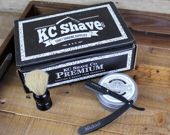 Black Matte Straight Razor Set with Black Boar's Hair Brush and Scented Soap - The Logan, Black - Personalized Groomsmen Gift, Best Man, Dad