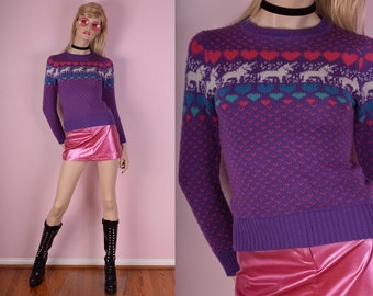 80s Unicorn Heart Print Sweater/ X-Small/ 1980s