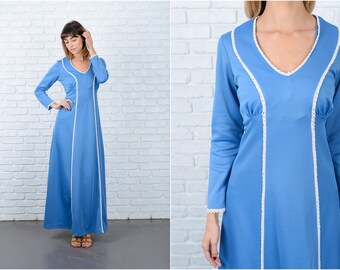 Vintage 70s Blue Maxi Dress Crochet lace Boho Hippie Small S 8850