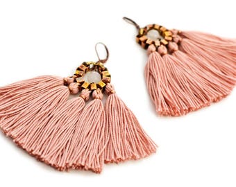 Tassel Earrings, Old Rose Fringe Earrings, Boho Chandeliers, Hippie Earrings, Statement Earrings, Boho Bride, Pink Earrings, Fabric Earrings