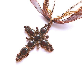 COPPER DESIGNER Cross Necklace, Queen Size Copper Cross with Rhinestones, Cabochons, Ribbon & Lace, Copper Cross with Neck Chain