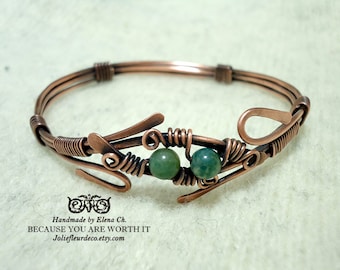 Adjustable Copper or sterling silver bracelet Green Agate Copper wire bracelet Copper bangle bracelet Wire wrapped jewelry Antique silver