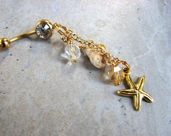 Gold Titanium Belly Bar, Long Belly Button Rings Gold Beach Jewelry, Sea Shell and Starfish Dangle Navel Ring, Glitsy Belly Button Jewelry